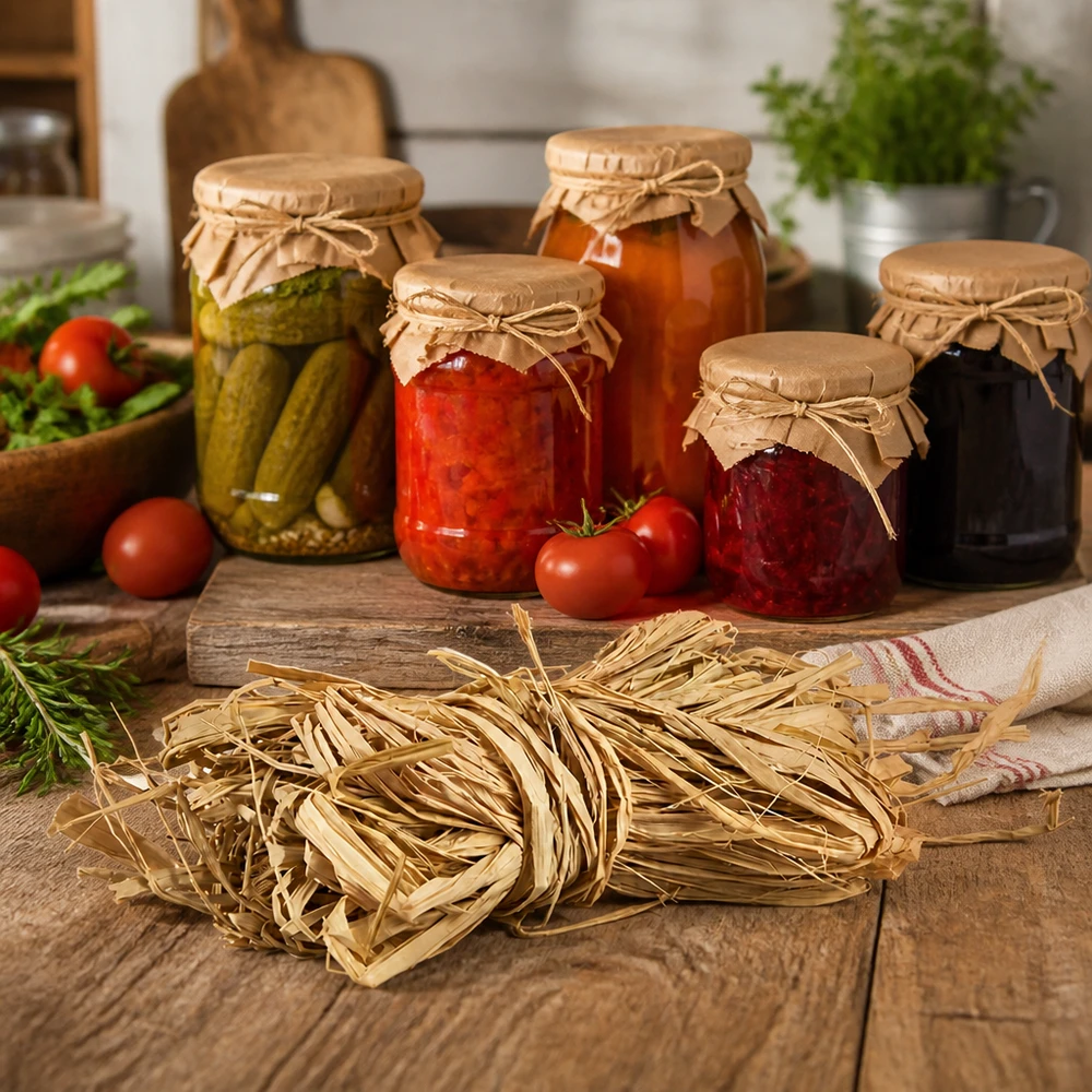 Rafia natural 30g como precinto para tarros de conserva utilizados en cocina rústica con alimentos en conserva
