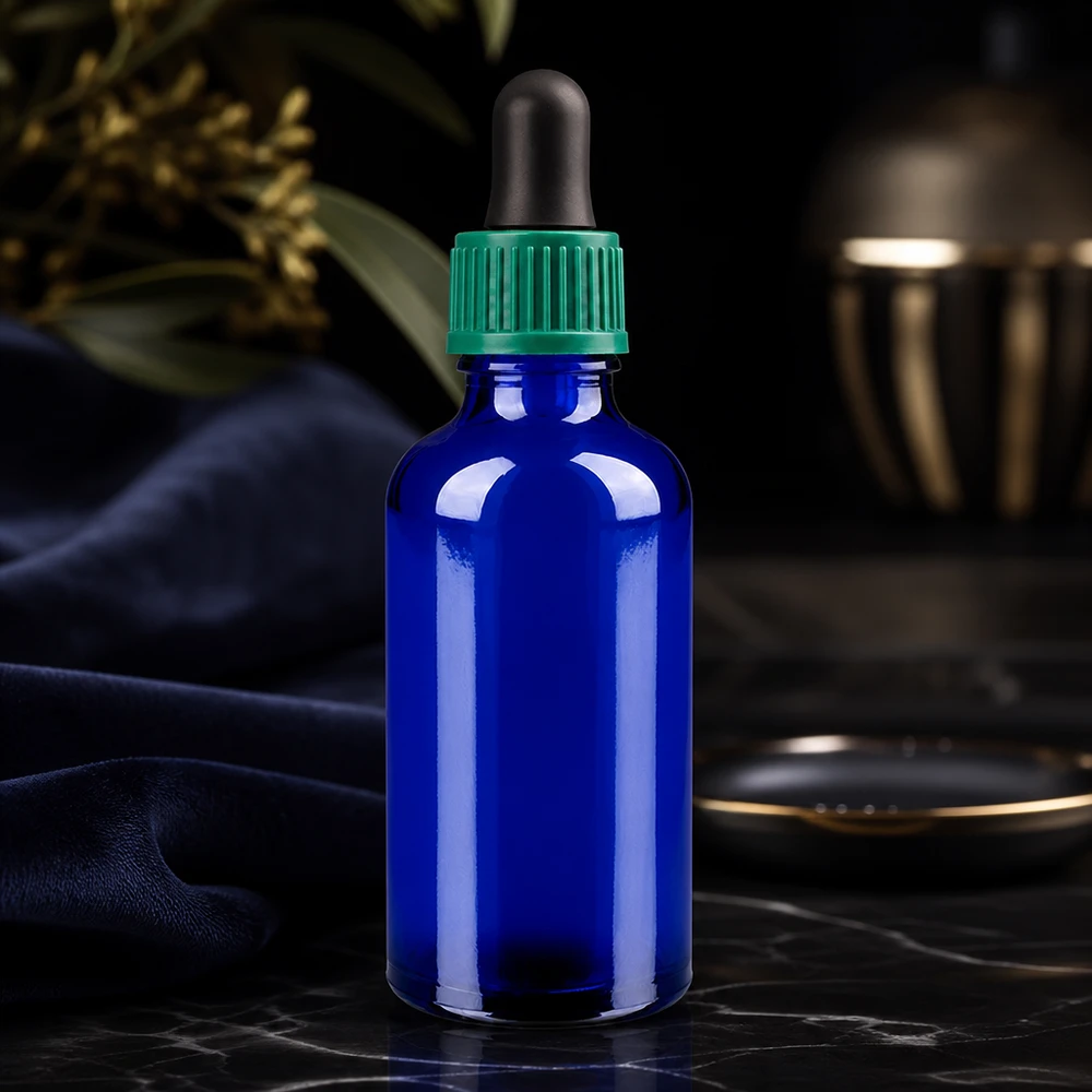 Frasco cuentagotas de 50 ml 0,8 mm verde Cierre estándar BlueLine UT18/50 Frasco cuentagotas de 50 ml de alta calidad en elegante color azul con práctico tapón cuentagotas
