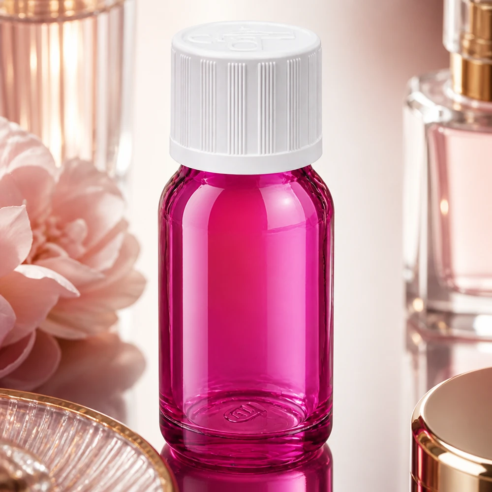 Frasco de 10 ml con protección UV gracias a la coloración violeta del vidrio y práctico tapón de rosca de 11 mm