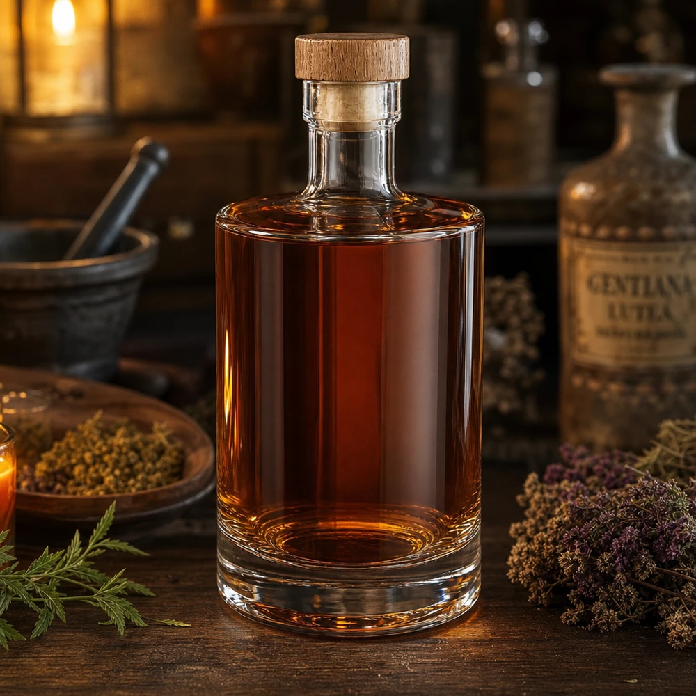 Botella de vidrio de 500 ml «500ml Glasflasche "Marie" mit Holzgriff-Korken UNiTWIST» con tapón de corcho con asa de madera UNiTWIST® 500ml Glasflasche Marie gefüllt mit bernsteinfarbener Flüssigkeit in rustikaler Küche mit Kräutern und Gewürzen