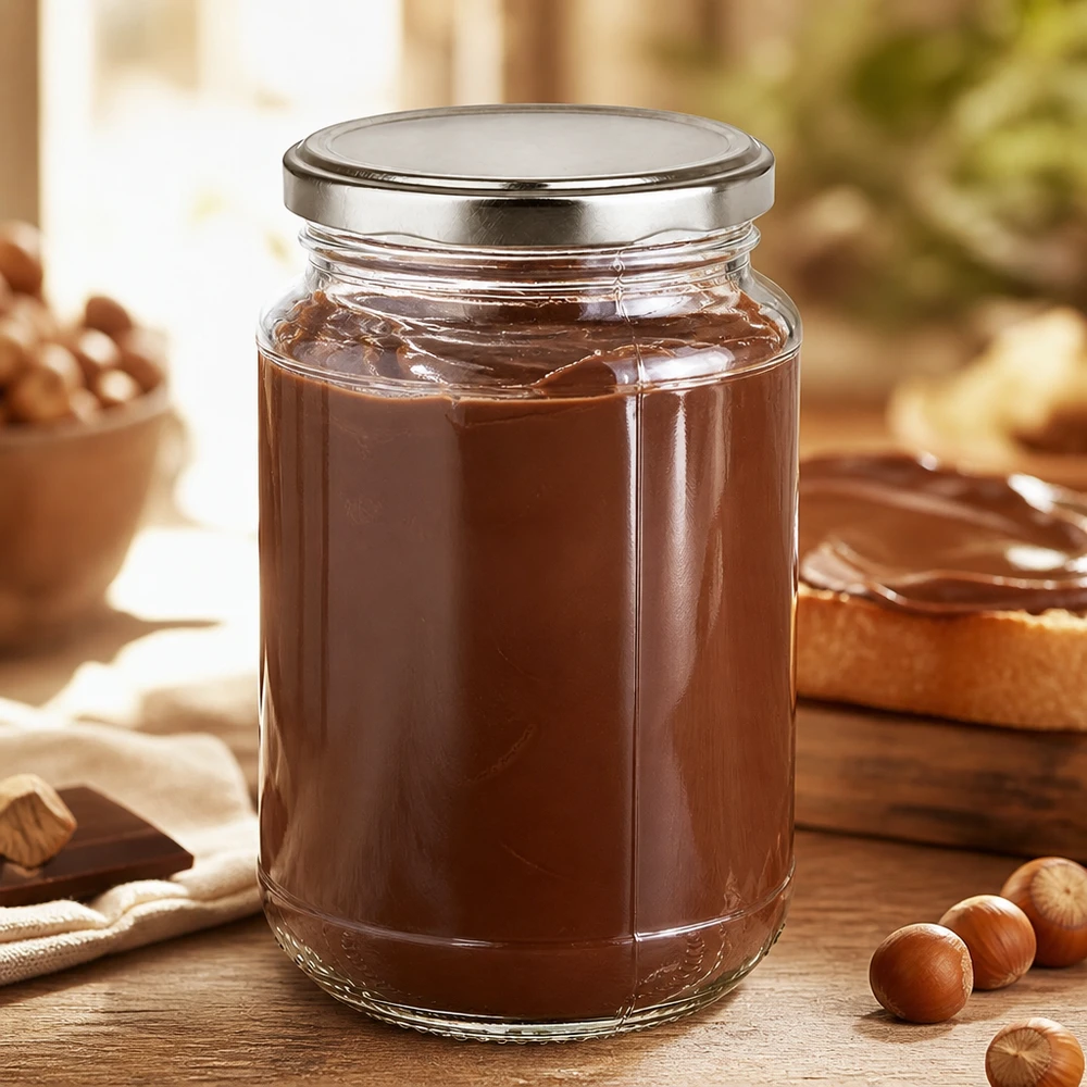Tarro de cristal redondo de 320 ml + BasicSeal plateado UNiTWIST Crema para untar de chocolate y frutos secos en un tarro redondo de cristal UniTwist de 320 ml con tapa BasicSeal plateada