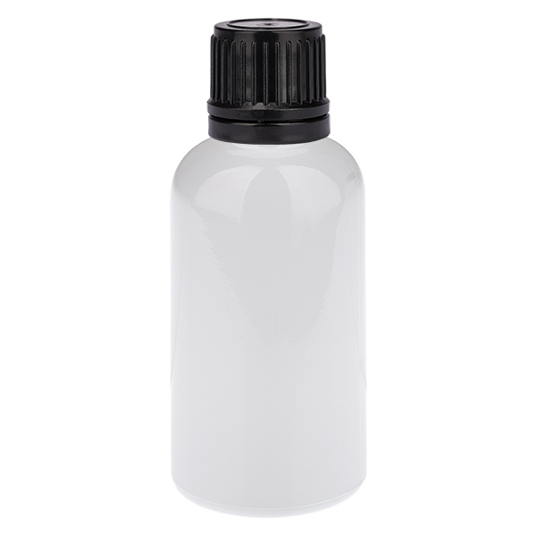 Frasco de 30 ml con tapón de rosca de 11 mm negro, tapón de seguridad WhiteLine UT18/30 Frasco de 30 ml con tapón de rosca de 11 mm negro, tapón de seguridad WhiteLine UT18/30