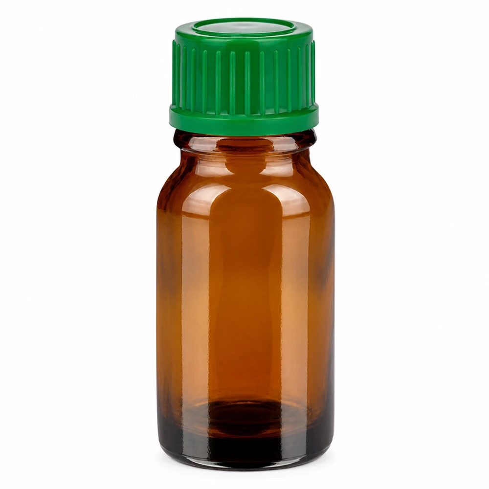 Frasco de vidrio ámbar de 10 ml con tapón de rosca verde para aceites esenciales y cosméticos