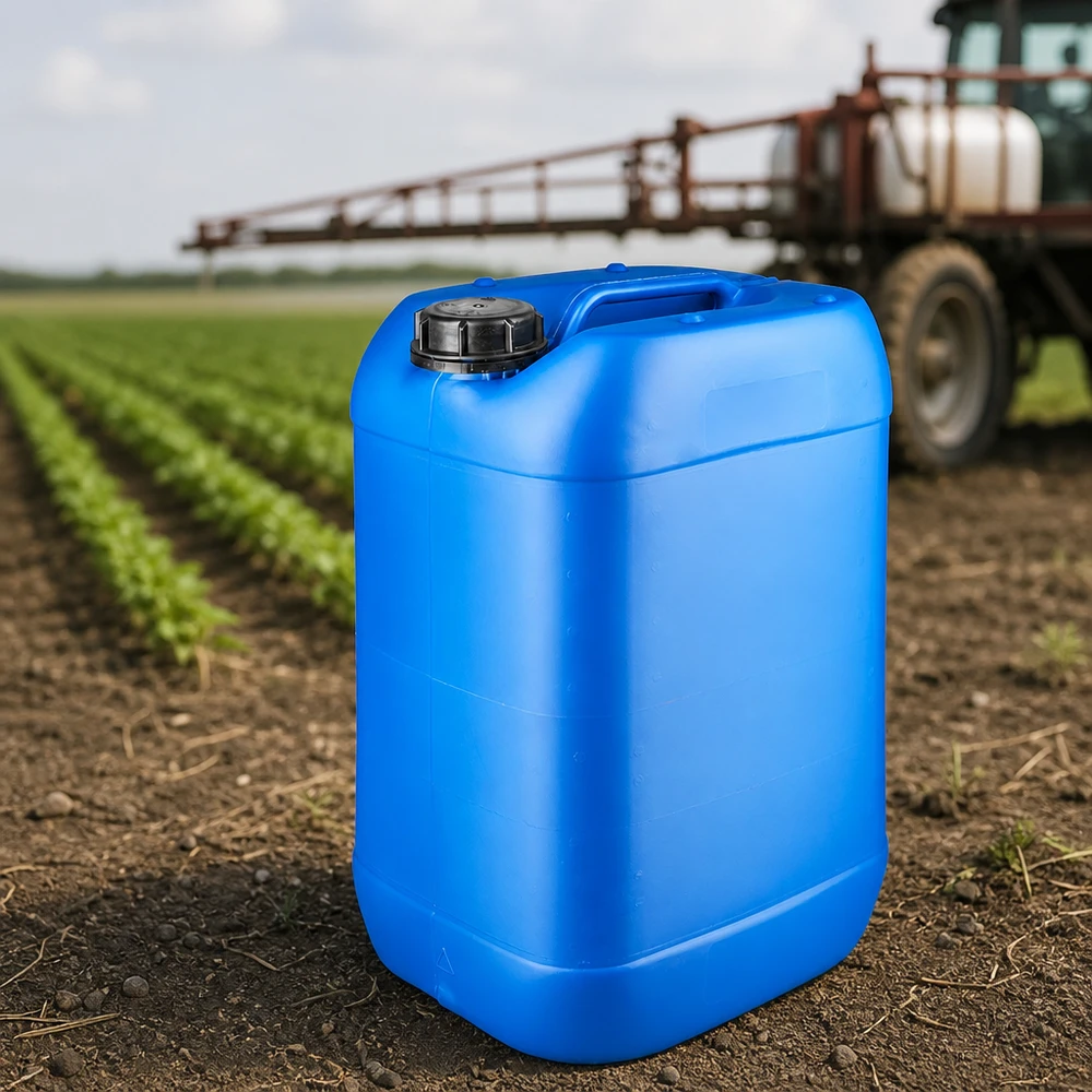 Bidón azul de 25 litros con tapón OV en un campo agrícola, junto a un pulverizador agrícola