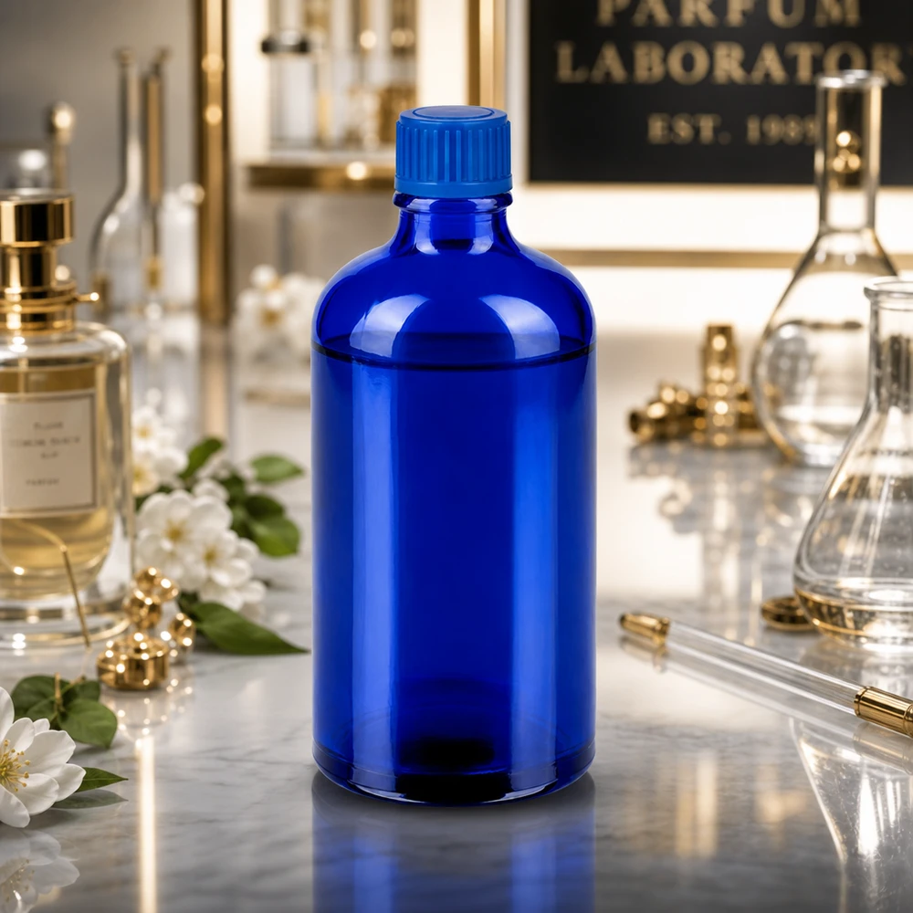 Elegante frasco de vidrio de 100 ml en azul intenso para laboratorios cosméticos profesionales