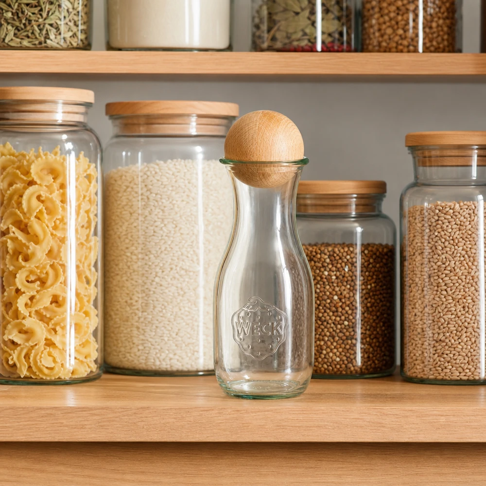 Botella para zumo de 530ml WECK RR60 con bola de madera de haya Botella de zumo WECK 530ml con bola de madera de haya en despensa organizada entre botes de pasta y arroz