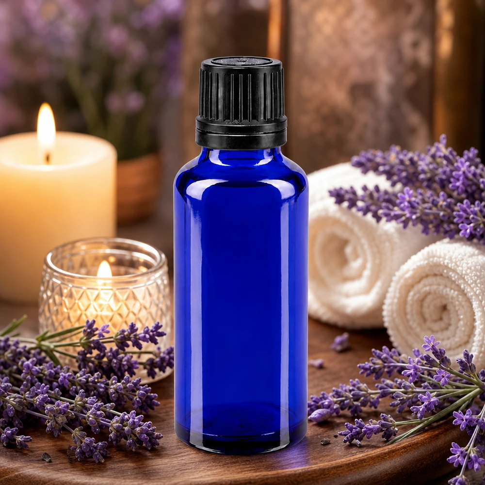 Frasco de farmacia de 30 ml de color azul cobalto, de vidrio ámbar, con tapón de rosca a prueba de niños