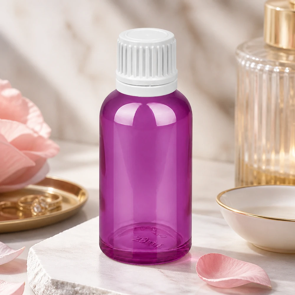Frasco cuentagotas de 30 ml de vidrio de alta calidad en un elegante color púrpura con tapón blanco