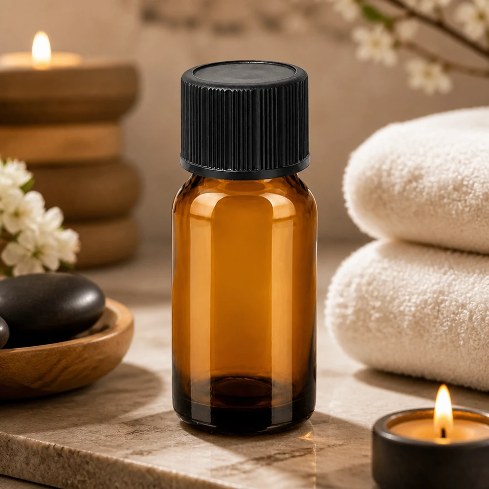 Frasco de vidrio ámbar de alta calidad de 10 ml con tapón negro estándar para aromaterapia y cosmética