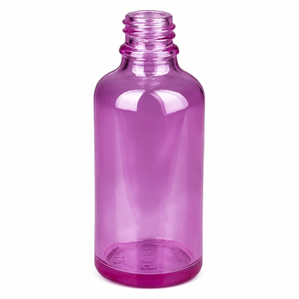 Botella de 50ml 11mm tapón de rosca aluminio-plata estándar PurpleLine.UT18/50 Frasco de cristal morado de 50 ml con rosca de 11 mm y tapón de aluminio plateado para aromaterapia