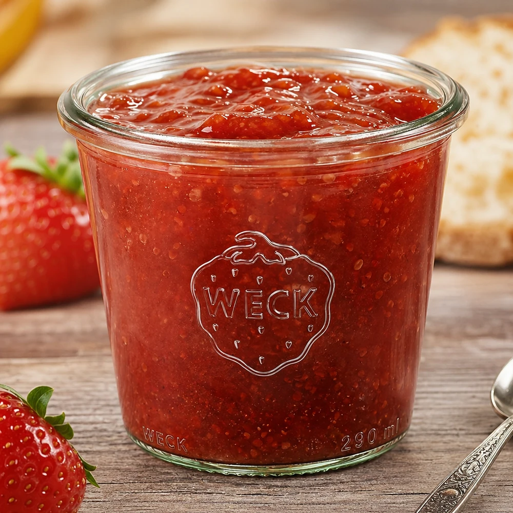 Tarro alto de 290 ml WECK RR80 Vasos WECK RR80 de 290 ml de alto llenos de mermelada de fresa junto a fresas frescas sobre una mesa de madera