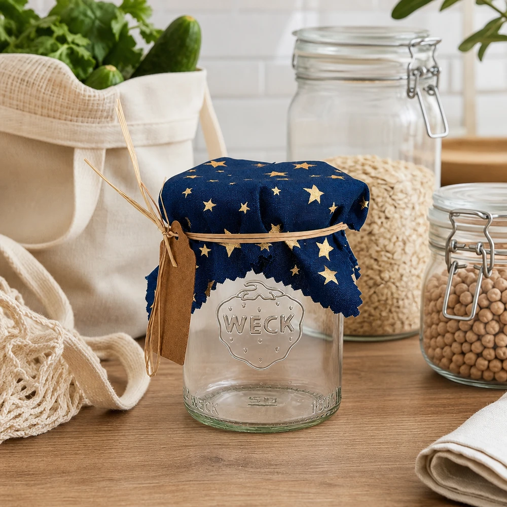 Blonda decorativa azul con estrellas doradas sobre un tarro Weck en una escena de cocina rústica con tarros de almacenaje y textiles.