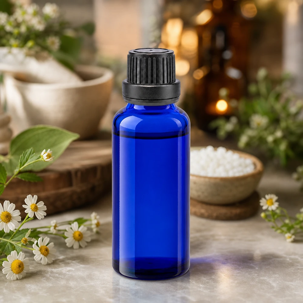 Pequeño frasco de farmacia de 30 ml en color azul cobalto, con tapón de rosca a prueba de niños y flores de manzanilla