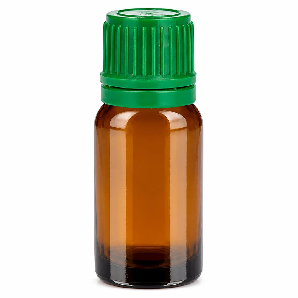 Frasco de vidrio ámbar de 10 ml con tapón de rosca verde para aceites esenciales y cosméticos