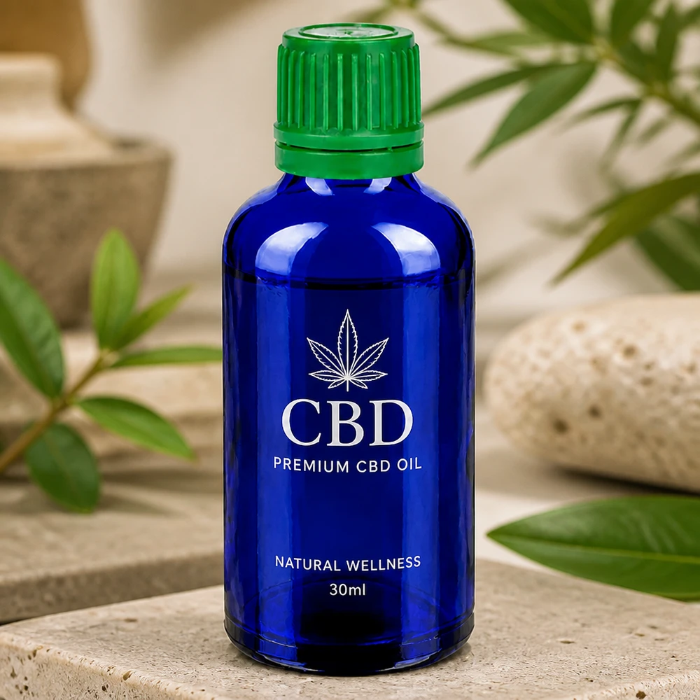 Botella 50ml tapón rosca 11mm verde cierre inviolable BlueLine UT18/50 Frasco de cristal azul vacío de 50 ml con tapón de rosca verde a prueba de niños para CBD y tinturas