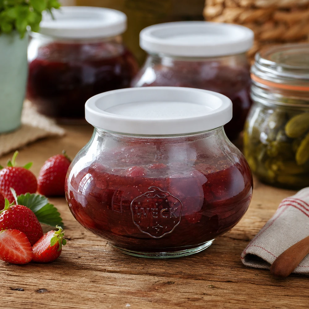 Tarro de conserva WECK de 560 ml RR80 lleno de mermelada de fresa junto a fresas frescas sobre una mesa de madera en la cocina