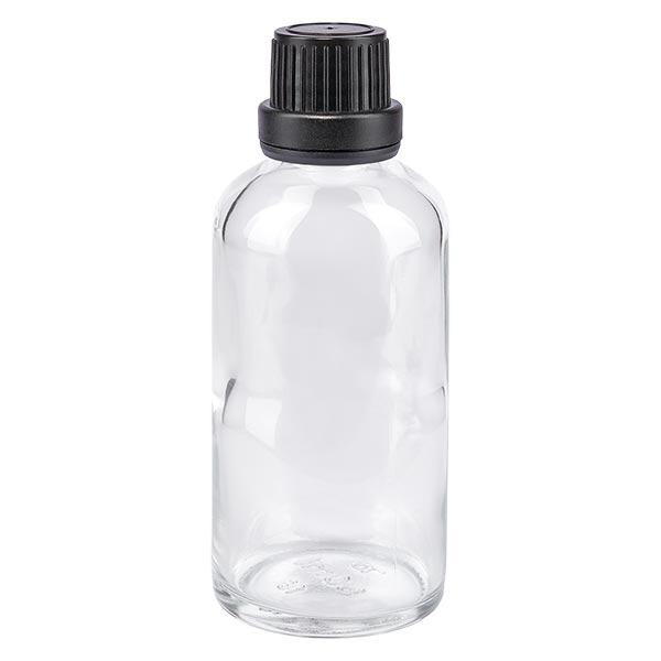 Botella de farmacia transparente 50ml tapón de rosca negro cierre inviolable Botella de farmacia transparente 50ml tapón de rosca negro cierre inviolable