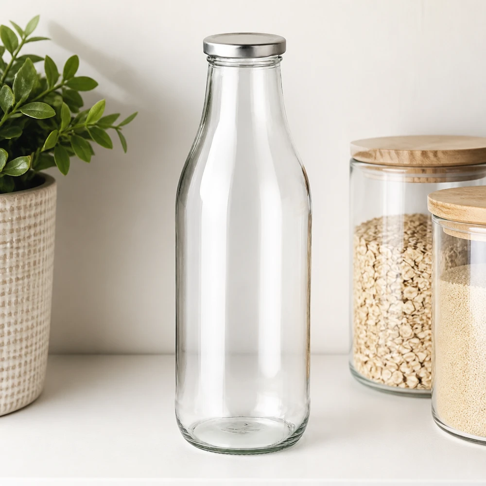 Botella de vidrio de 1000 ml + tapa BasicSeal plateada UNiTWIST Botella de cristal de 1000 ml con tapa BasicSeal plateada junto a tarros de almacenaje con cereales y plantas organización moderna de la cocina