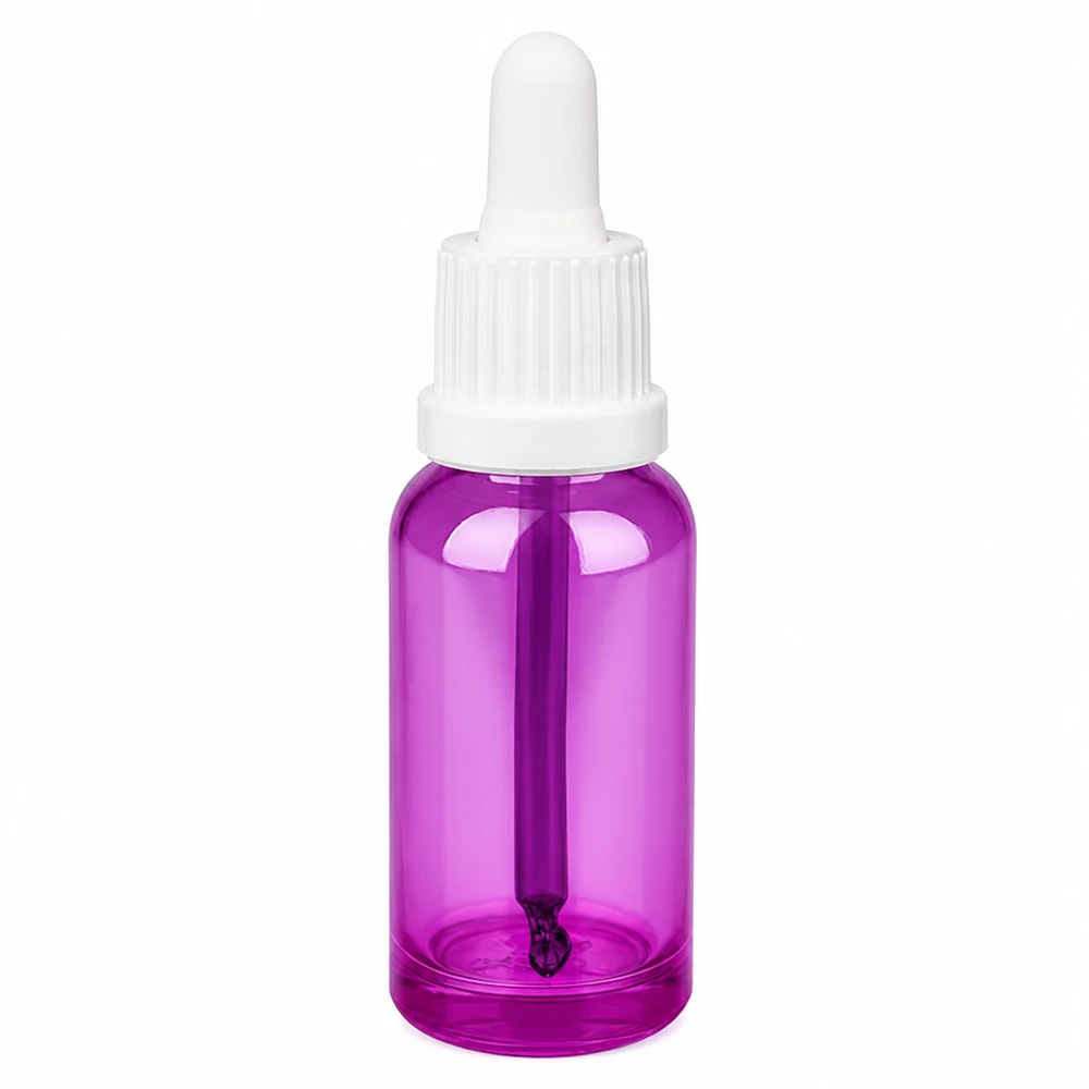 Frasco pipeta de 20 ml en violeta con tapón blanco para una dosificación precisa