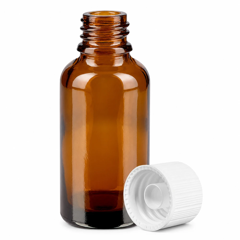 Frasco boticario pequeño de 30 ml de vidrio ámbar con rosca de 11 mm para sustancias fotosensibles