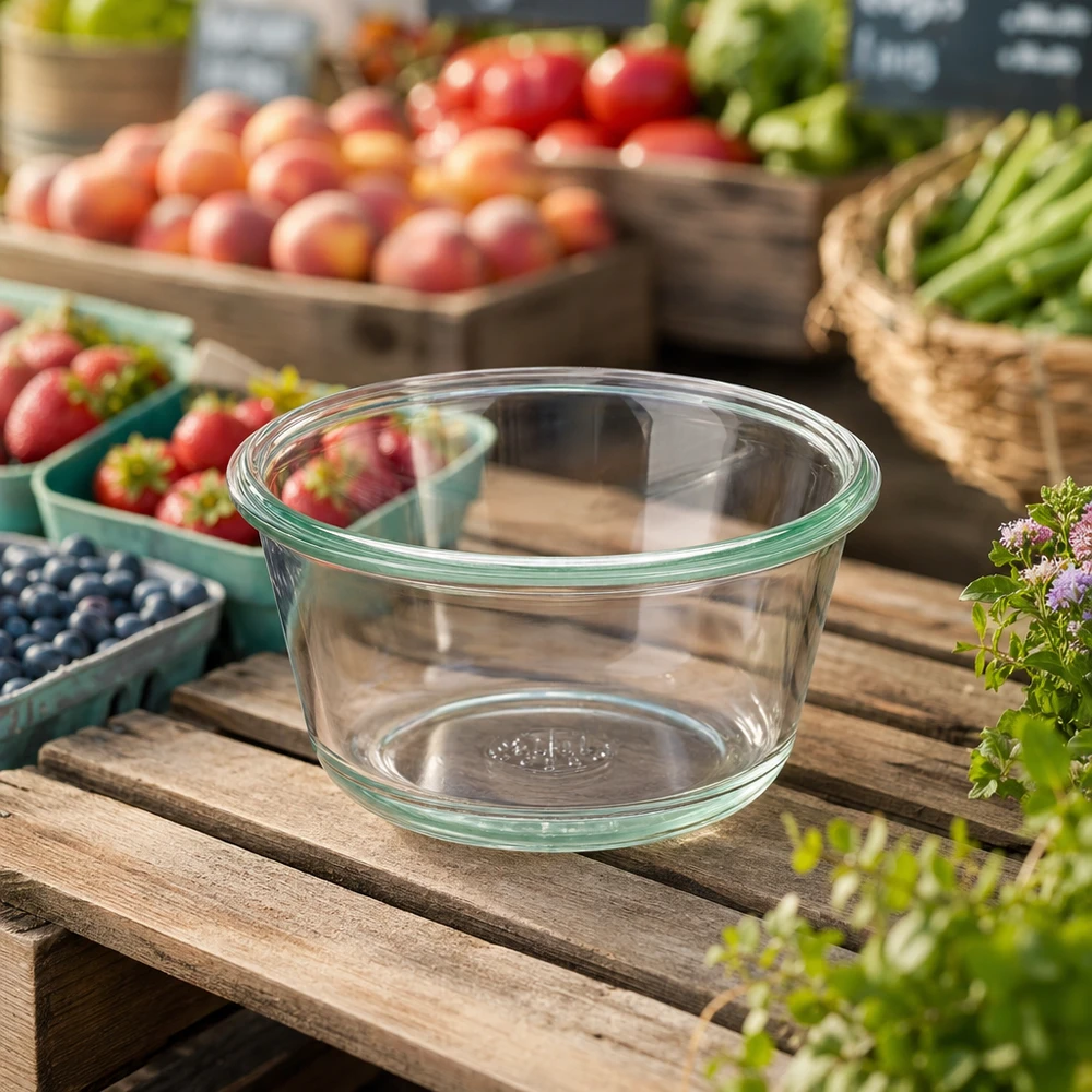 WECK RR100 290ml tarro gourmet vacío sobre mesa de madera con frutas y verduras frescas en el fondo para conservar