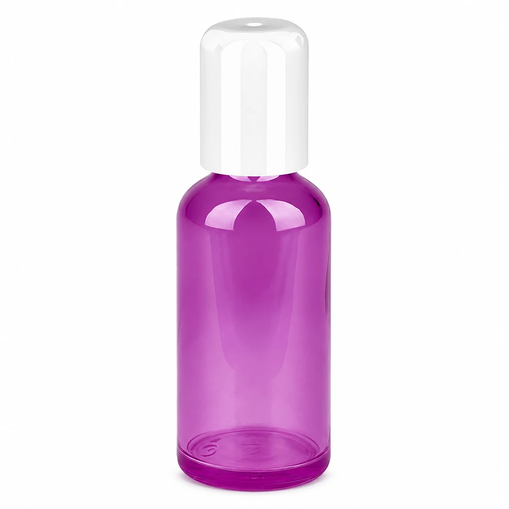 Frasco roll-on de 50 ml en violeta con tapón blanco para cosméticos y perfumes