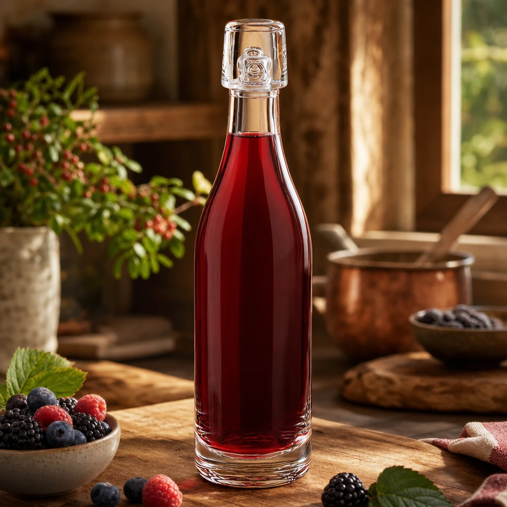 Botella de cristal de 50 ml de UNiTWIST llena de zumo de bayas rojas junto a bayas frescas en una mesa de cocina rústica de madera.