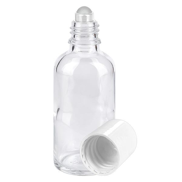 Botella de farmacia transparente 50ml con tapón roll-on blanco Botella de farmacia transparente 50ml con tapón roll-on blanco