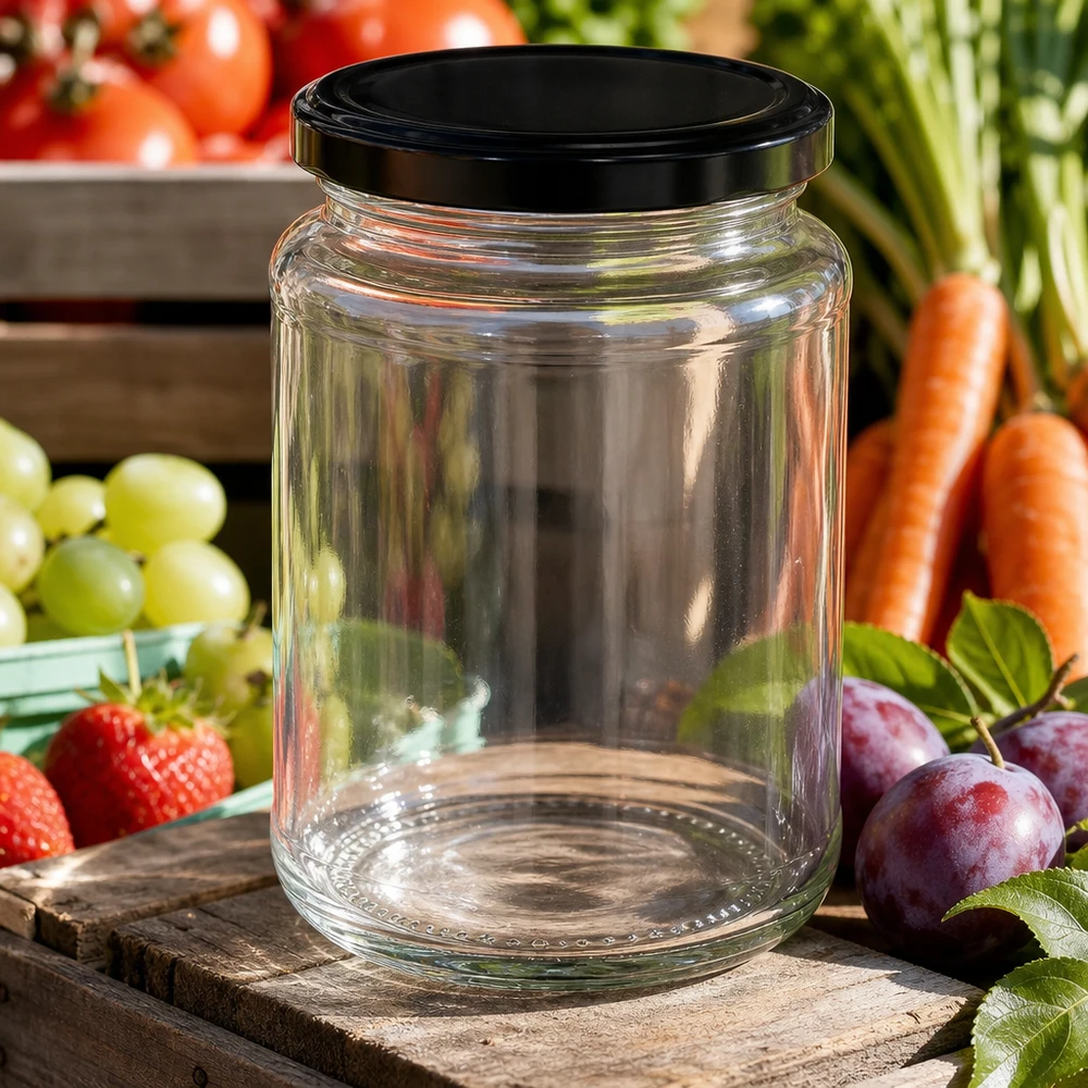 382ml vaso redondo BasicSeal negro rodeado de fruta fresca verduras fresas uvas zanahorias ciruelas al aire libre