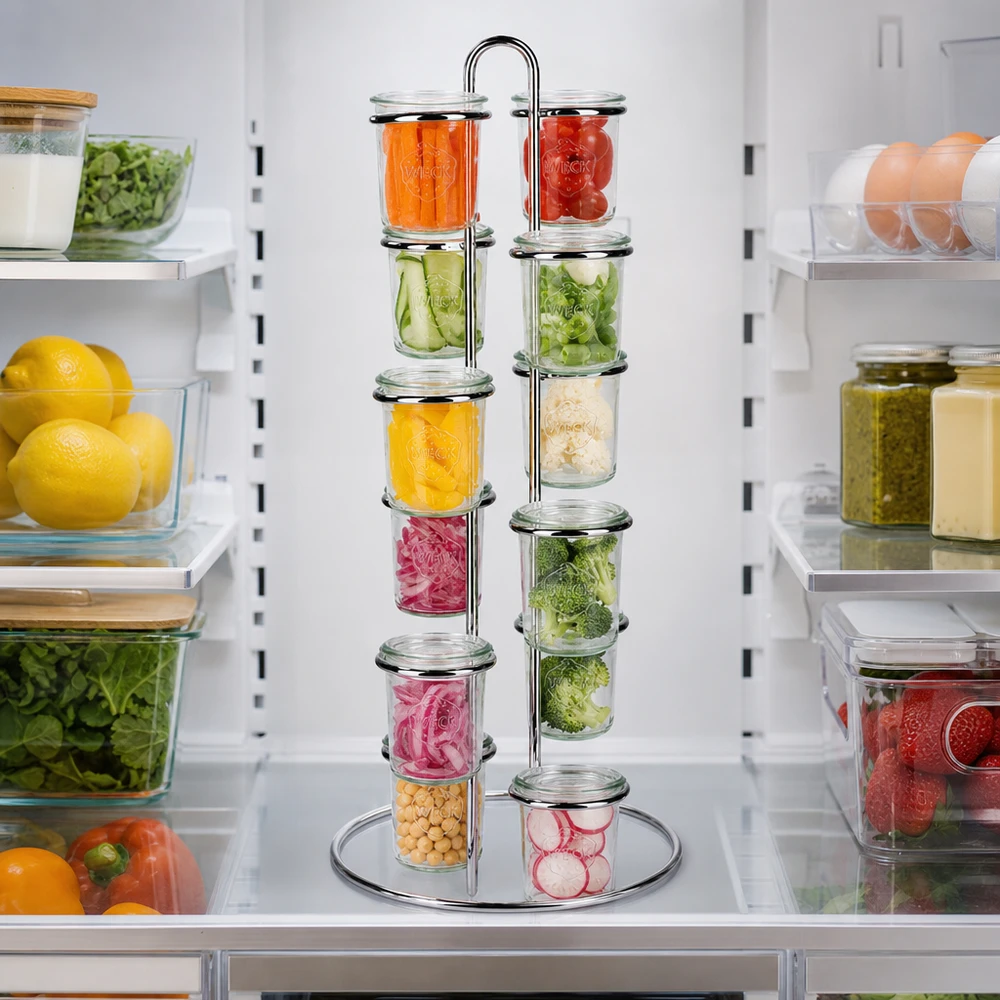 Soporte Vertico12 para 12 vasos WECK Kühlschrank-Organisation mit WECK Vertico12 Serviergestell zeigt platzsparende Aufbewahrung von frischen Zutaten