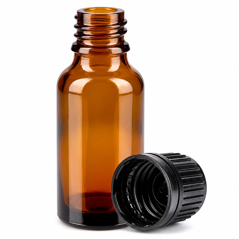 Botella 20ml tapón rosca 11mm negro cierre inviolable BrownLine UT18/20 Frasco boticario pequeño de 20 ml de vidrio marrón con rosca de 11 mm para medicamentos y tinturas