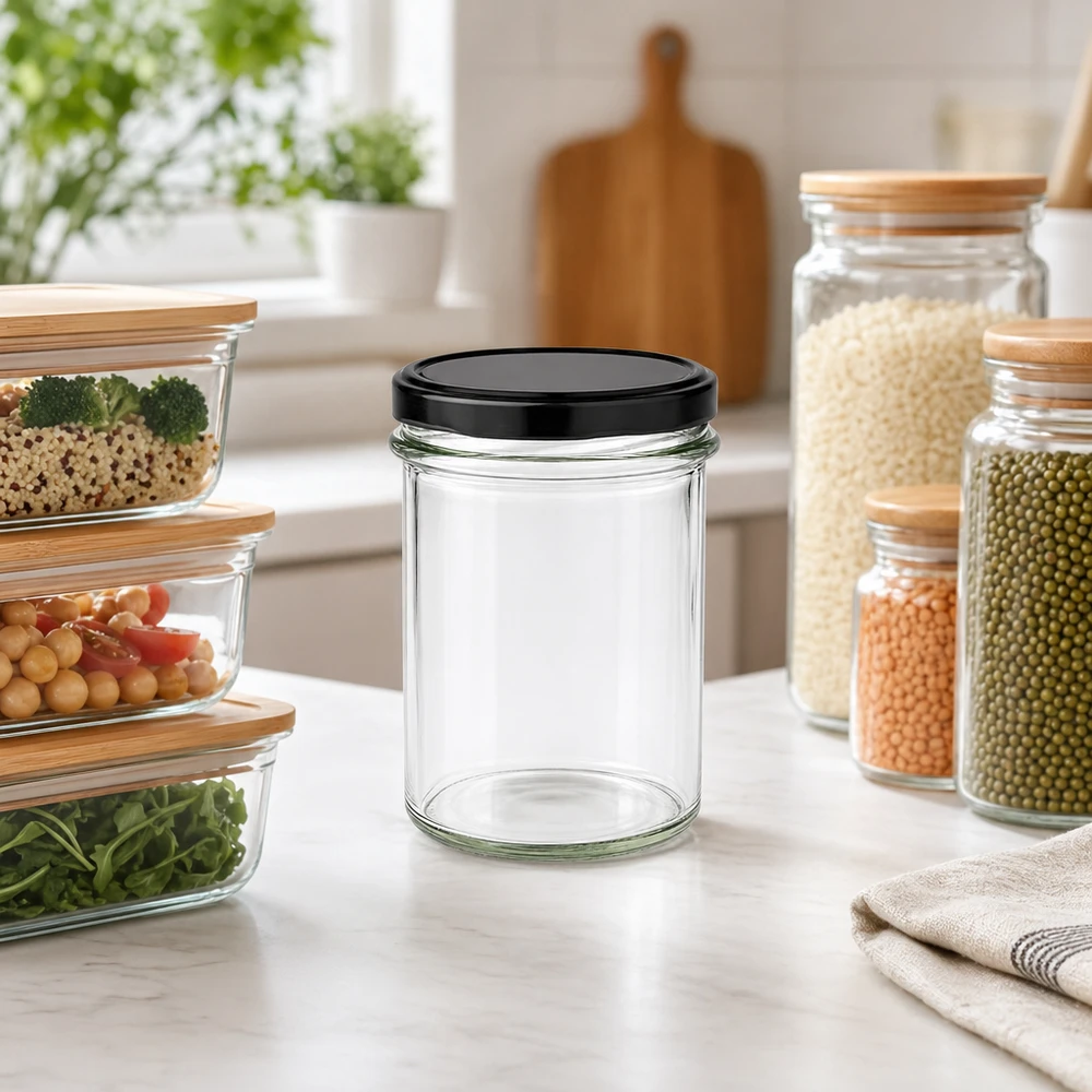 Vasos de 230 ml BasicSeal negro vacío en cocina moderna con tarros de almacenamiento organización de almacenamiento escena de la cocina