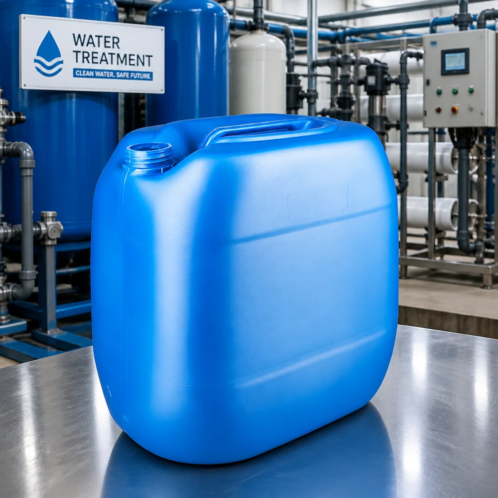 Bidón azul de 30 litros sin tapón en una planta de tratamiento de agua para aplicaciones químicas