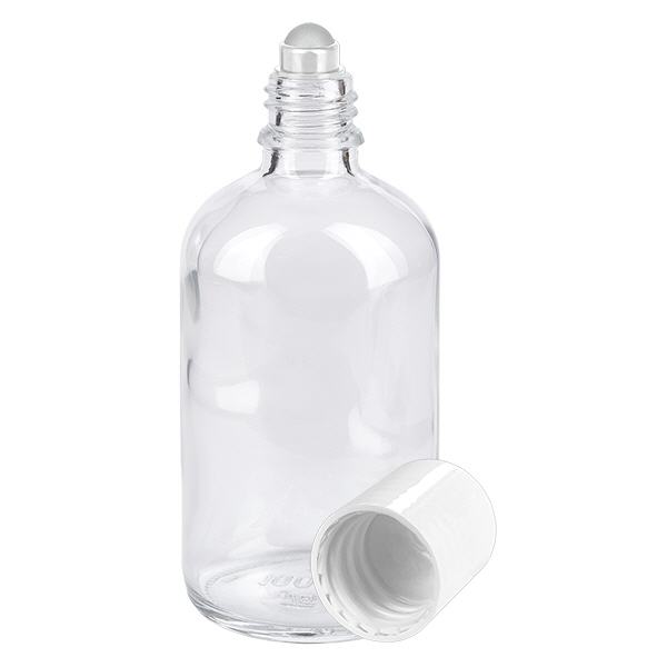 Botella de farmacia transparente 100ml tapón roll-on blanco Botella de farmacia transparente 100ml tapón roll-on blanco