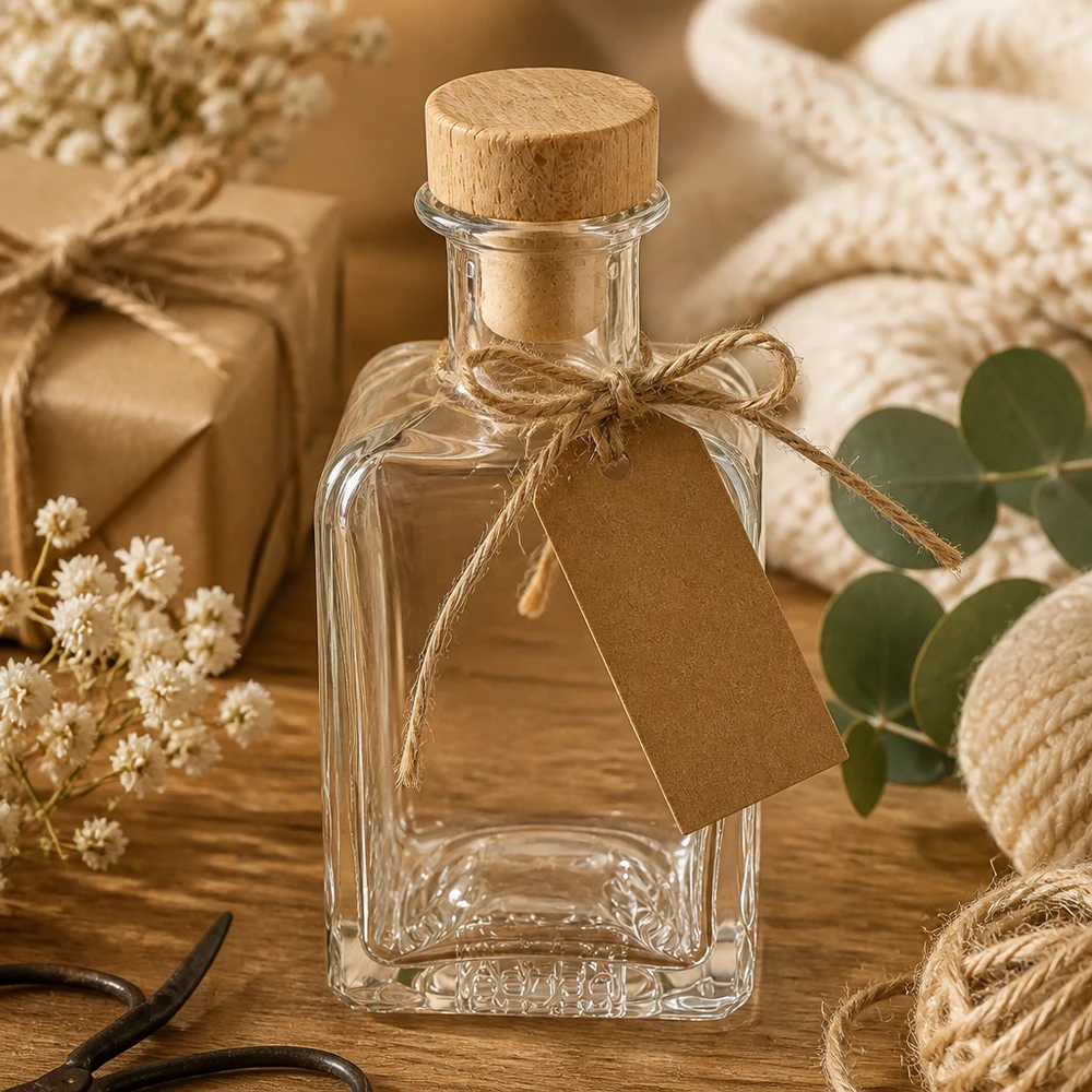 Botella de farmacia de 200 ml «Clara» con tapón de corcho con asa de madera UNiTWIST® 200ml Glasflasche Clara mit Kraftpapier-Anhänger Holzkorken Geschenkverpackung natürliche Materialien Vintage-Stil
