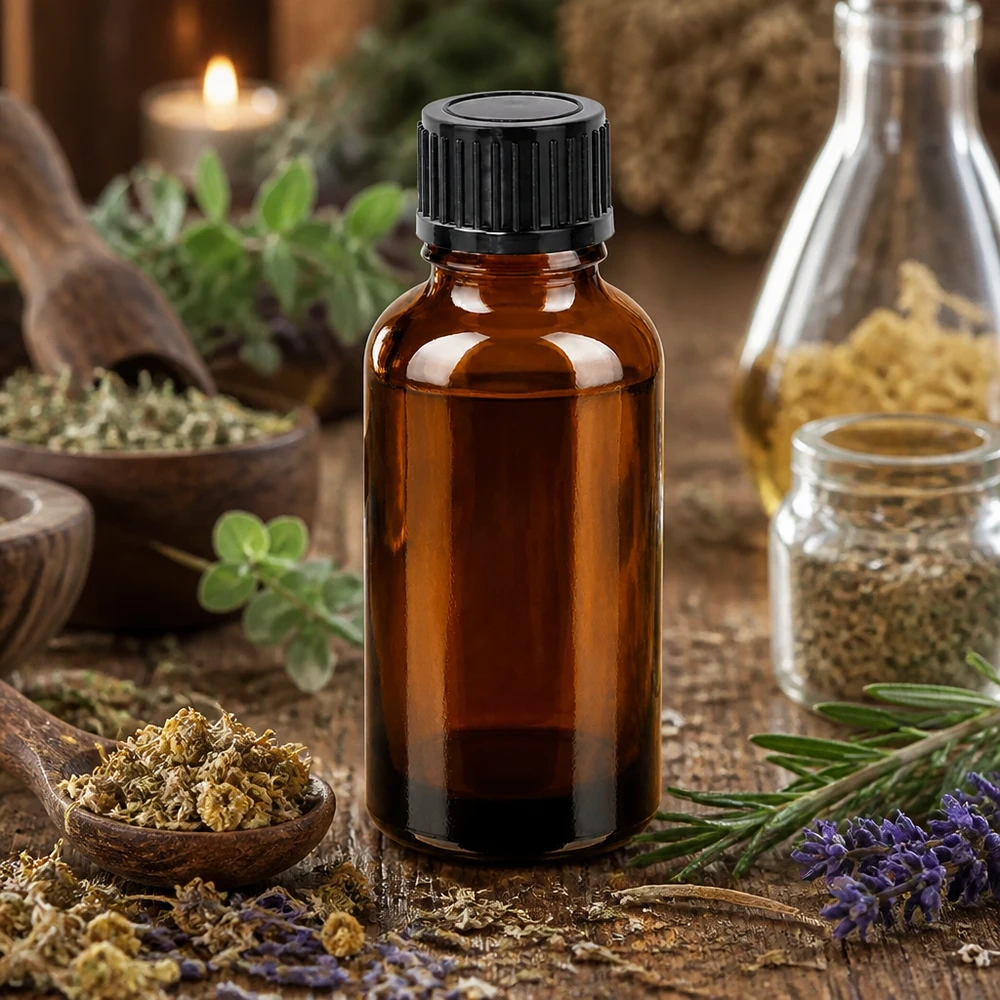Frasco compacto de vidrio ámbar de 30 ml con abertura de 11 mm para una dosificación precisa de los aceites de hierbas