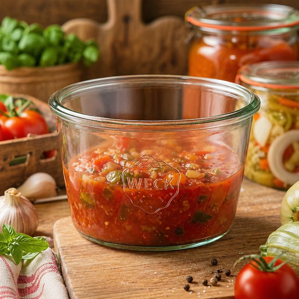 Tarro WECK 370ml RR100 lleno de salsa de tomate sobre una mesa de madera junto a tomates frescos y hierbas aromáticas.
