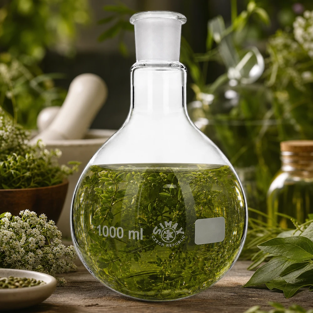 Frasco de vidrio de 1000 ml con extracto de hierbas y junta molida estándar profesional para trabajos de laboratorio botánico