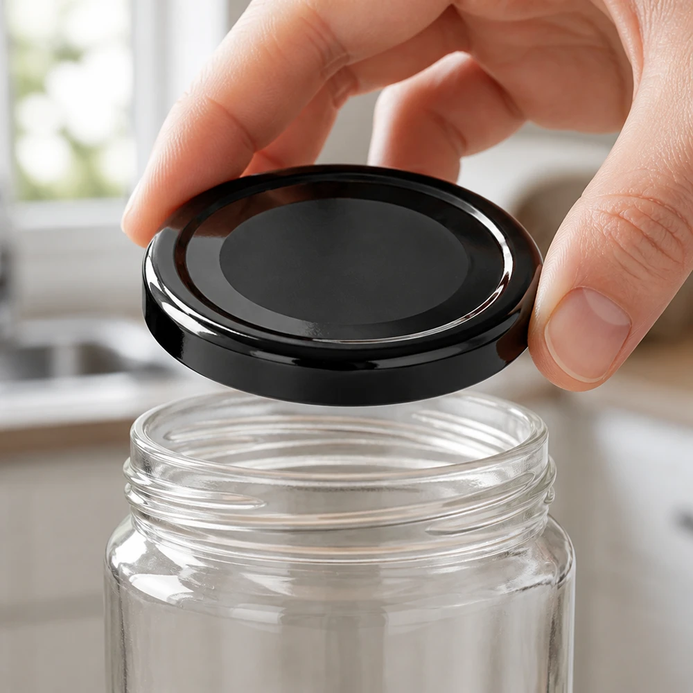La tapa metálica negra TO48 de 48 mm con superficie brillante se coloca sobre un recipiente de cristal transparente.