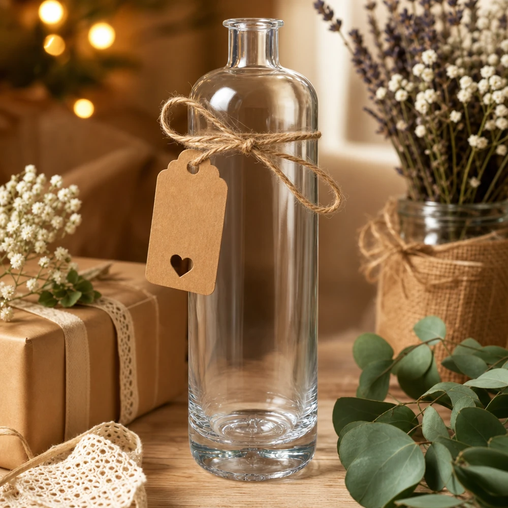 Botella de vidrio de 700 ml «Ella» sin tapón UNiTWIST® 700ml Glasflasche Ella dekorativ arrangiert mit Geschenkanhänger Juteschnur und getrockneten Blumen als Geschenkidee