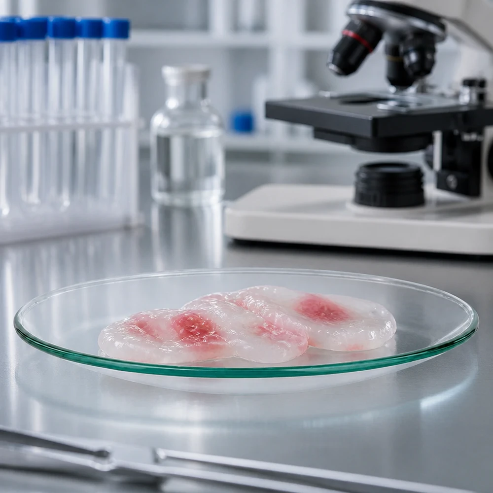 Placa de vidrio para relojes ø60 mm Plato de cristal de reloj liso de 60 mm con muestras de sustancias rosas en un entorno de laboratorio estéril para fines de investigación