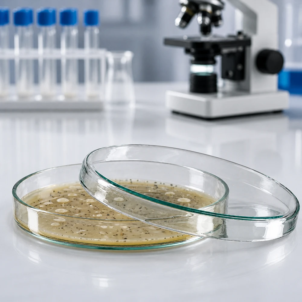 Dos placas de Petri de cristal apiladas con un cultivo bacteriano sobre una mesa de laboratorio blanca