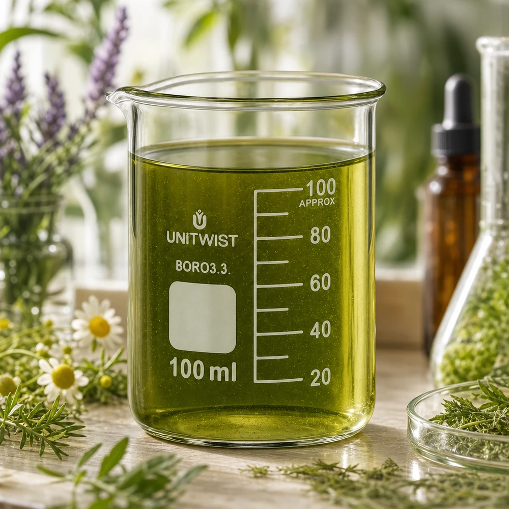 Vaso 100 ml borosilicato, molde bajo UNiTWIST Vaso de cristal UNiTWIST de 100 ml con extracto de hierbas verdes rodeado de hierbas medicinales frescas