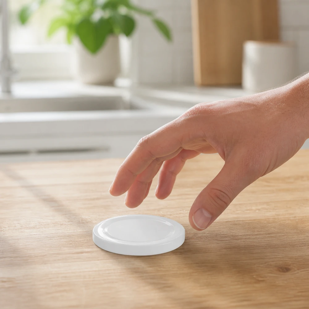 Tapa BasicSeal blanca de 48 mm (TO48) de UNiTWIST sobre una superficie de madera en la cocina