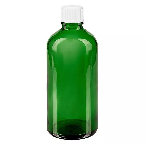 Botella de farmacia verde 100ml tapón rosca blanco glóbulos estándar Botella de farmacia verde 100ml tapón rosca blanco glóbulos estándar