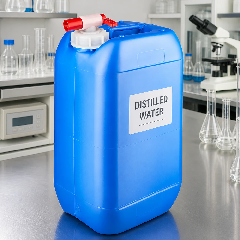 Bidón de agua destilada de 15 litros, azul, con grifo de salida, para uso en laboratorio