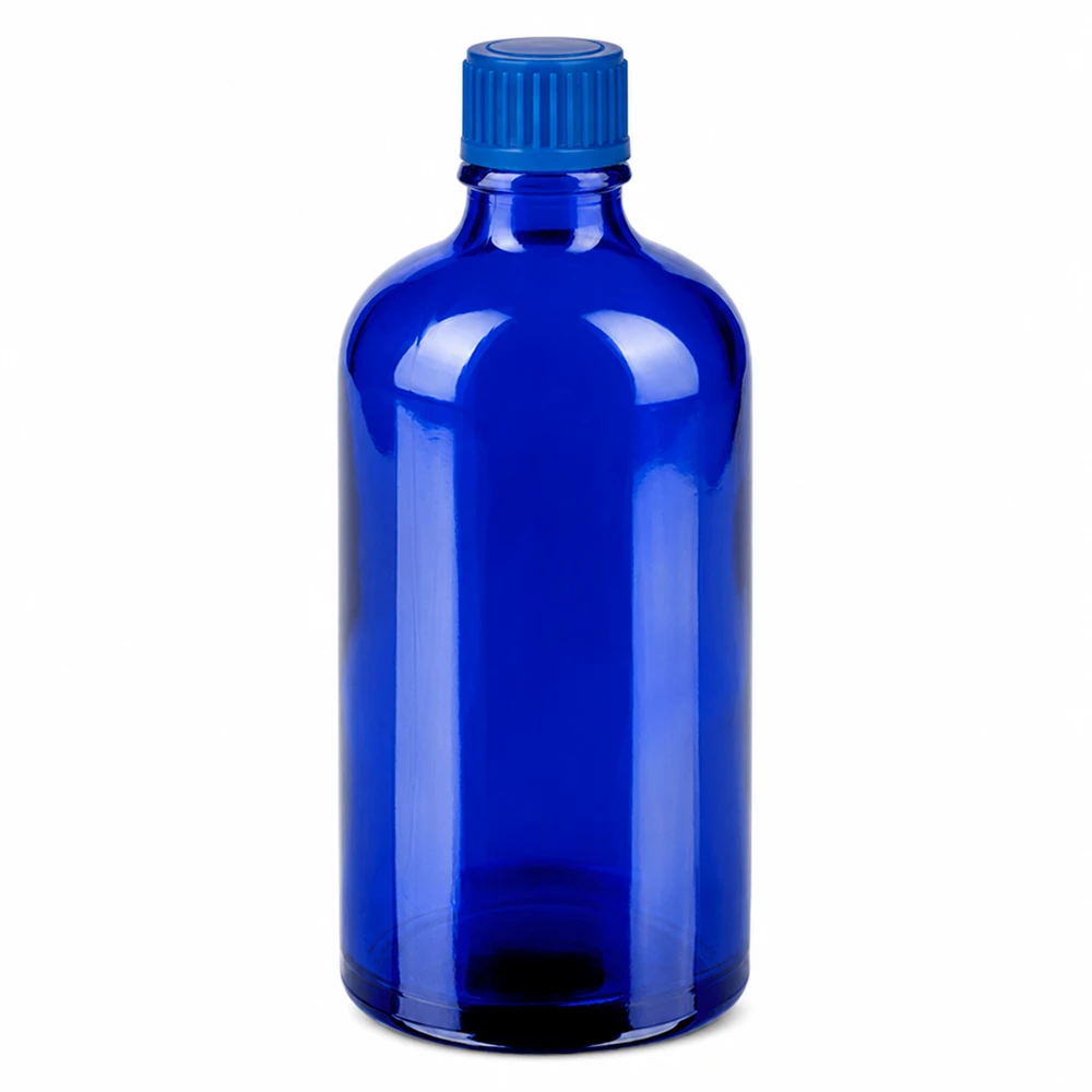 Frasco 100ml 11mm tapón rosca azul estándar BlueLine UT18/100 Frasco de vidrio azul de 100 ml con tapón de rosca para cosméticos y productos farmacéuticos