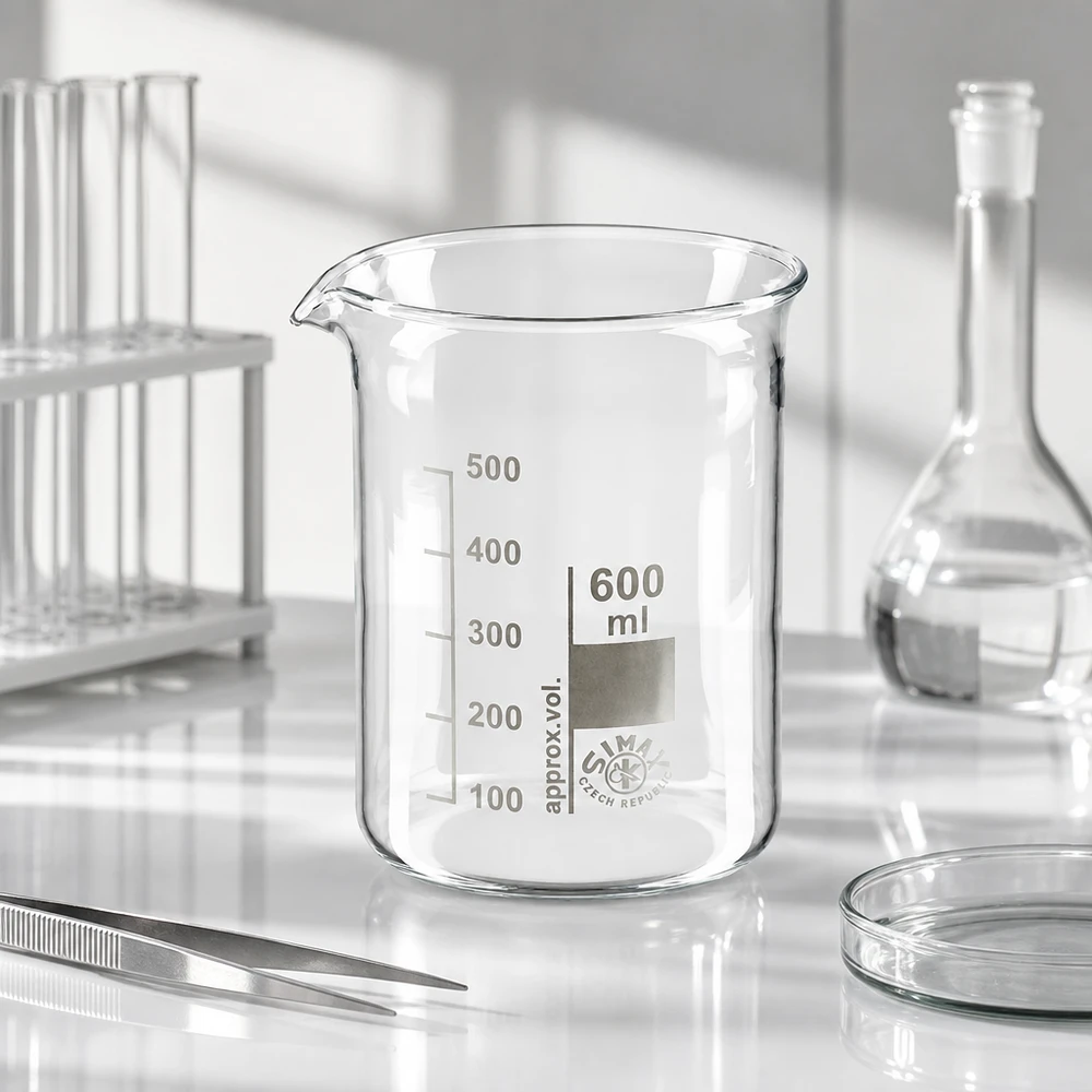 Vaso de precipitados transparente de 600 ml con molde bajo fabricado en vidrio de borosilicato de alta calidad con graduación precisa
