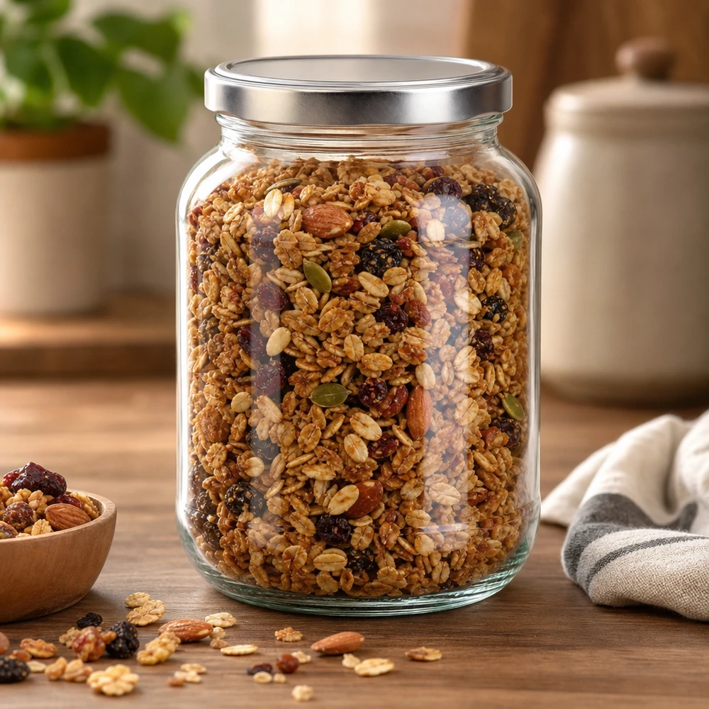 Tarro ovalado de 370 ml con tapa de rosca plateada relleno de muesli y frutos secos como recipiente de almacenamiento en la cocina