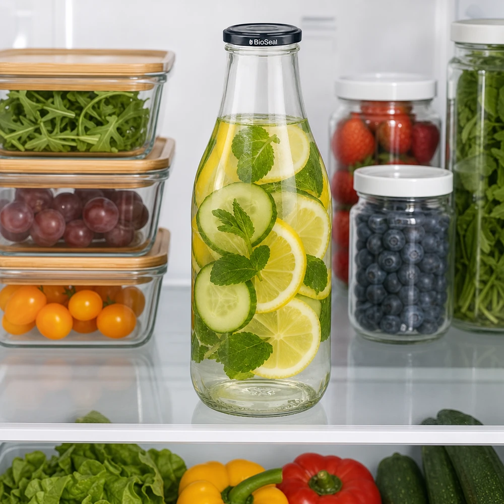 Botella de cristal de 1000 ml con agua de pepino en el frigorífico junto a los recipientes de preparación de comidas verduras de bayas almacenamiento sostenible